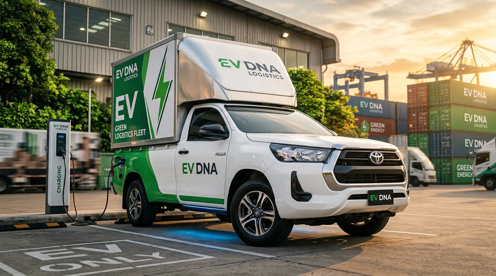 EV DNA converted Hilux pickup charging at logistics depot with GREEN LOGISTICS FLEET branding