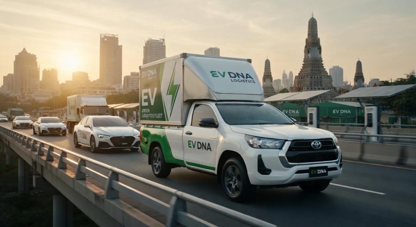 EV DNA converted Hilux fleet in action on Bangkok streets with Wat Arun landmark